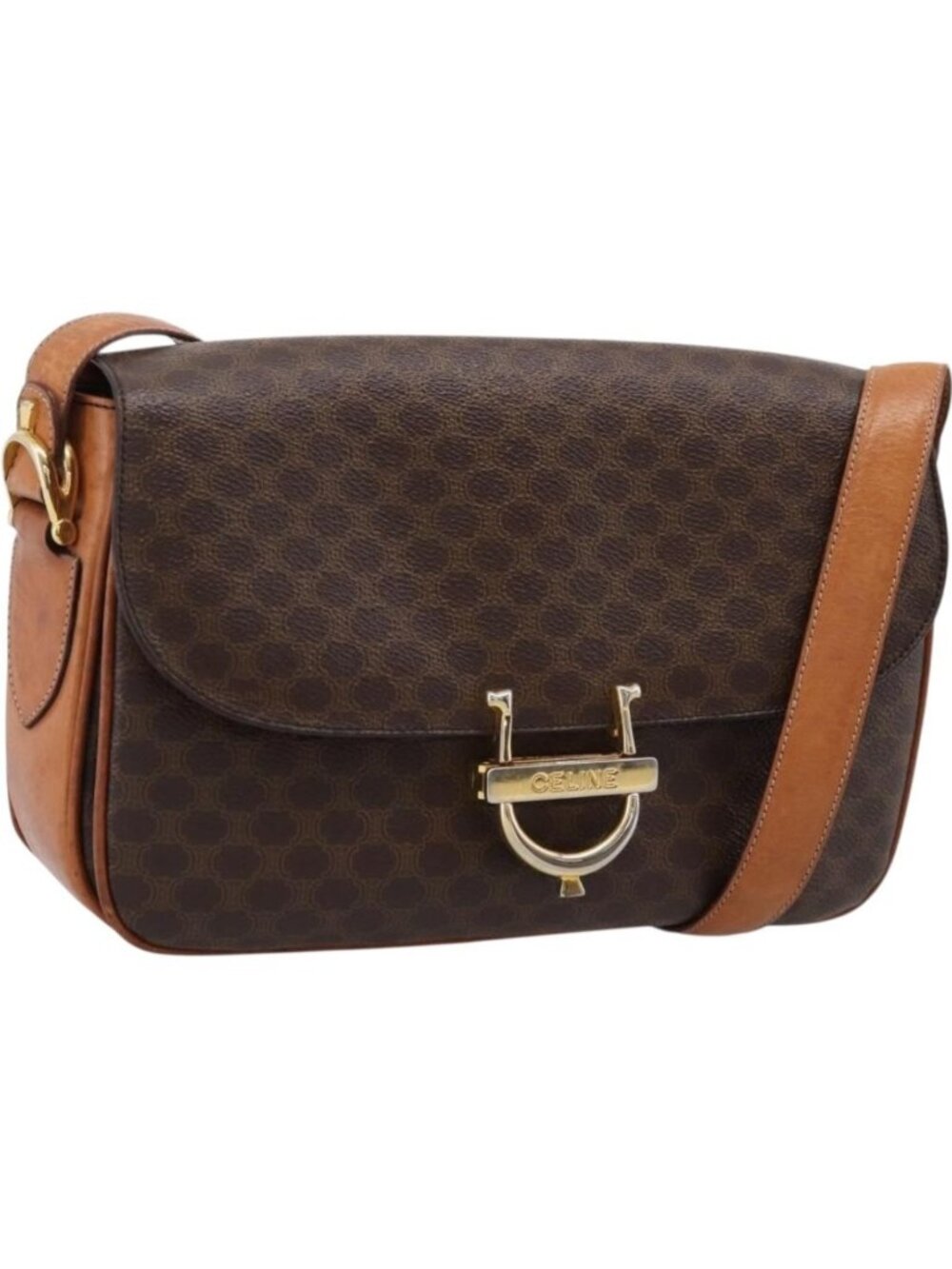 CELINE Macadam Canvas Shoulder Bag PVC Leather Brown Gold